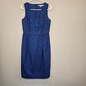 Boden Dress Ada Embroidered Sheath Womens 4 Long Blue Sleeveless